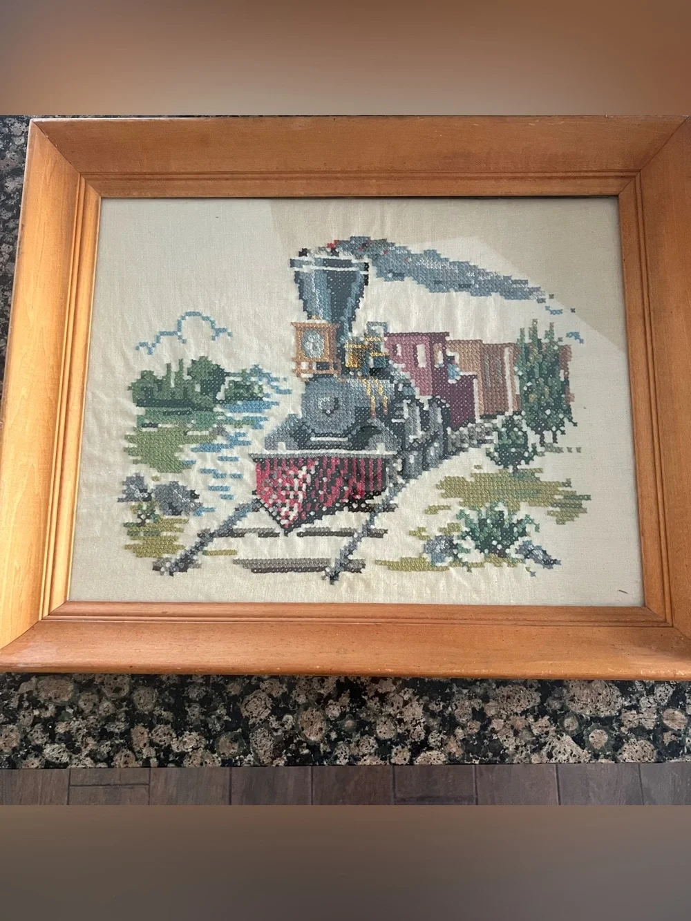 Vintage 1950s Framed Train Cross Stitch w/ Glass Locomotive McCall's 22 x 18